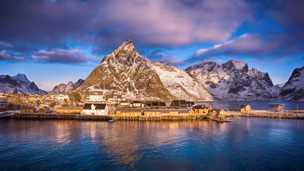 Beautiful winter landscape of picturesque fishing village in Lofoten islands, Norway