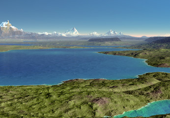 Naklejka na ściany i meble 3D Rendered Fantasy Mountain Landscape with a Lake - 3D Illustration