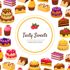 Tasty Sweets Banner Template with Desserts Pattern, Bakery, Confectionery, Shop Design Element Vector Illustration