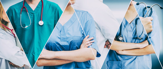 Healthcare people group. Professional doctor working in hospital office or clinic with other...