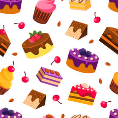 Delicious Desserts Seamless Pattern with Tasty Sweets, Design Element Can Be Used for Fabric, Wallpaper, Packaging Vector Illustration