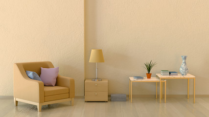 Interior in warm colors with a chair and relief walls. 3d render.