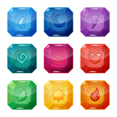 Set of nine different colored crystals, gemstones, gems, diamonds with magical themed signs. Vector gui assets collection in cartoon style for game design isolated on white background.