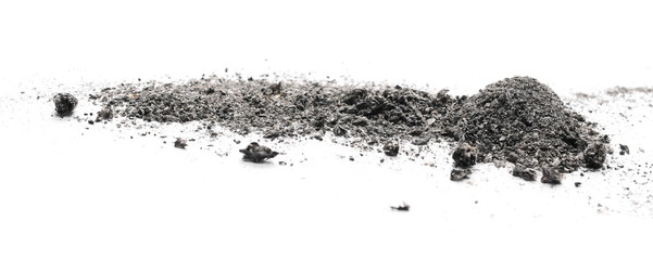 Ash pile isolated on white background, texture