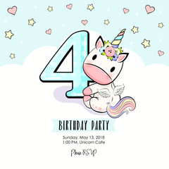 Four Birthday party invitation with baby unicorn