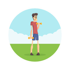 Weak Man Exercising with Dumbbells on Nature, Physical Workout Training, Active Healthy Lifestyle Vector Illustration