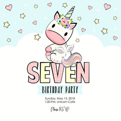 Seven Birthday party invitation with baby unicorn