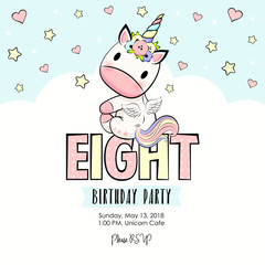 Eight Birthday party invitation with baby unicorn