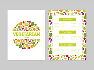 Vegetarian Menu Design Template, Main Dishes, Fresh Salads, Hot and Cold Drinks, Cafe or Restaurant identity Vector Illustration