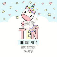 Obraz premium Ten Birthday party invitation with baby unicorn