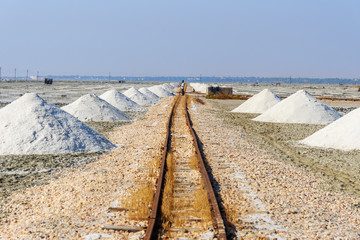 Heaps of salt along old narrow gauge railway on Sambhar Salt Lake. India