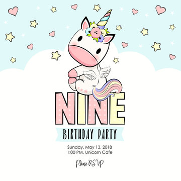 Nine Birthday party invitation with baby unicorn