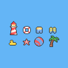 Pixel summer beach elements set.8bit.