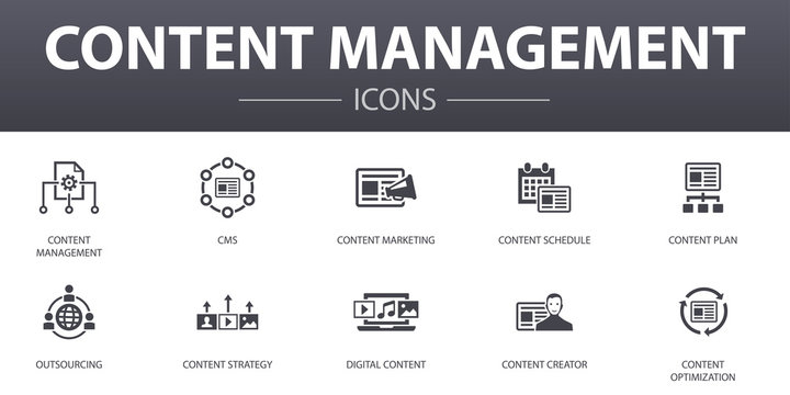 content management simple concept icons set. Contains such icons as CMS,  content marketing, outsourcing, digital content and more, can be used for web, logo, UI/UX