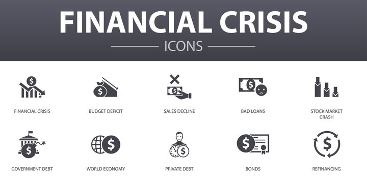 financial crisis simple concept icons set. Contains such icons as budget deficit, Bad loans, Government debt, Refinancing and more, can be used for web, logo, UI/UX
