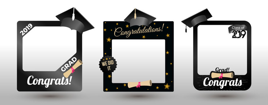 Set of graduation party photo booth props. Concept for selfie. Frame with cap for grads. Photobooth vector element. Congradulation grad quote. Vector illustration. Isolated on white background.