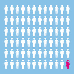 Vector symbols, many men standing with one woman on blue background