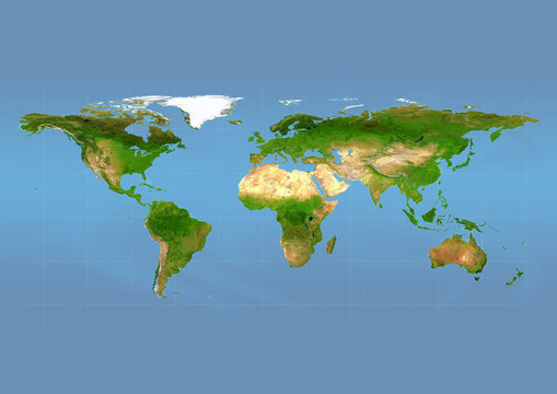natural world map in relief depiction with europe in the center and a blue background