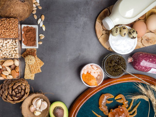 Foods High in Zinc as fish, shrimps, beef, cheese, spinach, cocoa, pumpkin seeds, crab, black caviar, garlic, coconut, milk, cheese, eggs
