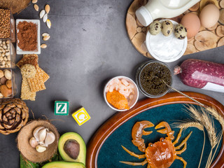 Foods High in Zinc as fish, shrimps, beef, cheese, spinach, cocoa, pumpkin seeds, crab, black caviar, garlic, coconut, milk, cheese, eggs