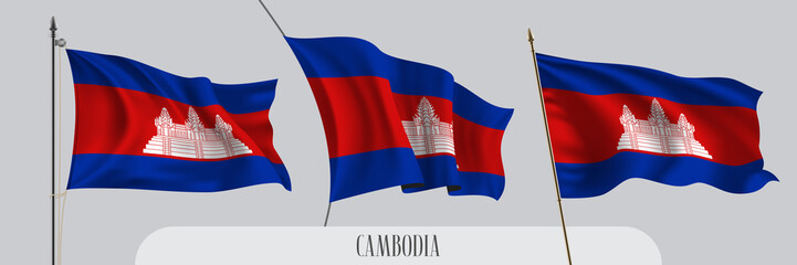 Set of Cambodia waving flag on isolated background vector illustration