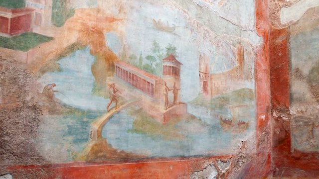 Pompeii, the best preserved archaeological site in the world, Italy. Frescoes on the interior wall at home destroyed by eruption vesuvio 79 ad.