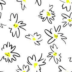 Fototapeta na wymiar Vector floral seamless pattern. Simple colorful botanical illustration with daisy flowers. Plain sketch made of marker. Good for bedding, fabric, textile, wallpaper, wrapping, surface.