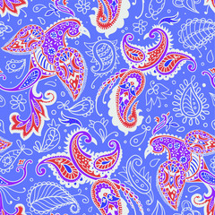 Vector seamless pattern. Firebirds and floral elements in Paisley style. 