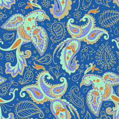 Vector seamless pattern. Firebirds and floral elements in Paisley style. 