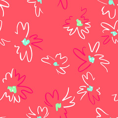 Vector floral seamless pattern. Simple colorful botanical illustration with daisy flowers. Plain sketch made of marker. Good for bedding, fabric, textile, wallpaper, wrapping, surface.