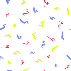 Vector abstract seamless pattern. Simple geometric illustration with short wavy lines different colors, thickness and length. Plain sketch made of marker.