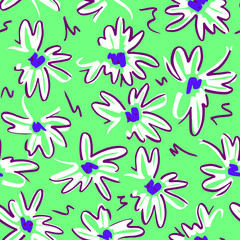 Vector floral seamless pattern. Simple colorful botanical illustration with daisy flowers. Plain sketch made of marker. Good for bedding, fabric, textile, wallpaper, wrapping, surface.