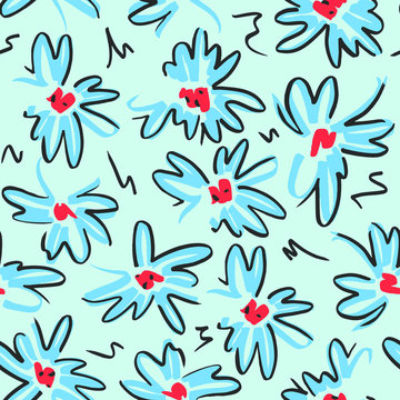 Vector floral seamless pattern. Simple colorful botanical illustration with daisy flowers. Plain sketch made of marker. Good for bedding, fabric, textile, wallpaper, wrapping, surface.