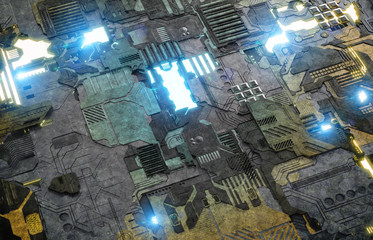 Futuristic yellow and blue tech panel background with lots of details