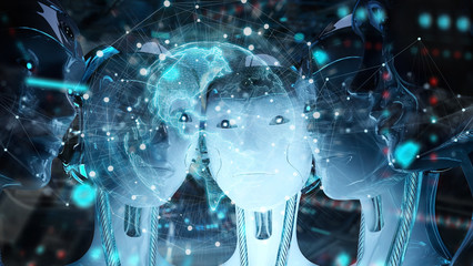 Group of female robots heads watching world map interface 3d rendering
