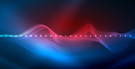 Glowing abstract wave on dark, shiny motion, magic space light. Vector techno abstract background