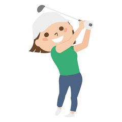 若い女性のイラスト。スポーツのゴルフを楽しんでいる若い女性。