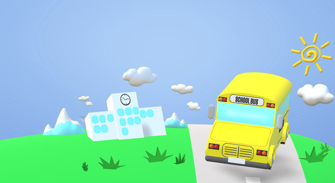 3d rendering school bus on road back to school content..
