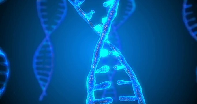 Abstract glittering DNA double helix with depth of field. Animation of DNA construction from debrises. Science animation. Genom futuristic footage. Conceptual design of genetics information. 4k