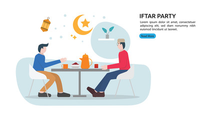 Breaking fast in eating feast party concept. Moslem family dinner on Ramadan Kareem or celebrating Eid with people character. web landing page template, banner, presentation, social or print media