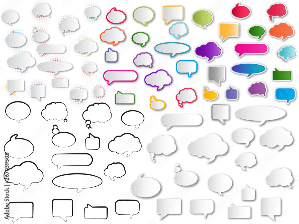 Poster collection blank empty white and color speech bubbles. vector illustration.