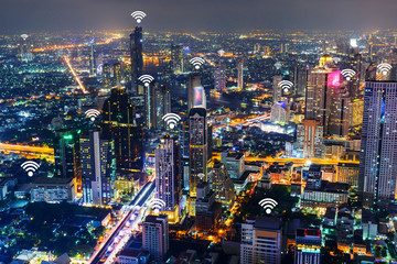 Obraz premium Cityscape of Bangkok with added generic wifi signals and access points within the city.