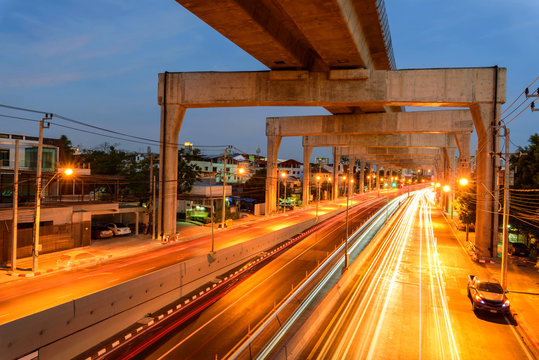 Blur Light A Lot Of Car Traffic At Thapra Tunnel Intersection In Bangkok City