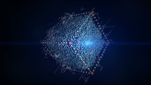 4K cube in the Computing Core with Interchanging Information Streams.Block chain network concept;Distributed register technology;Various Clusters of Connections Loading;participant chain;ray light.