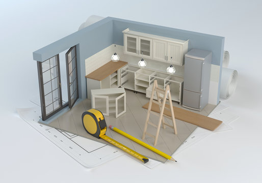 Kitchen project and assembly of furniture, 3D illustration