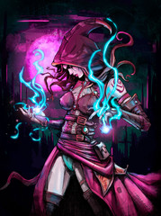 The girl mage casts a spell against the bright moon