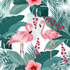 Papier Peint photo Lavable Flamant Modèle sans couture de feuilles de palmier jungle tropicale