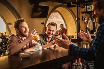 Cheerful friends drinking draft beer in a pub