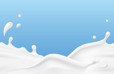 Milk splash seamless pattern. 3d realistic yogurt wave border on blue background. Vector milky package design.