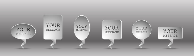 speech bubble of different shapes, circle, oval, square, rectangle, polyhedron and several abstract shapes. Bubble Spitch is filled with a gray gradient.